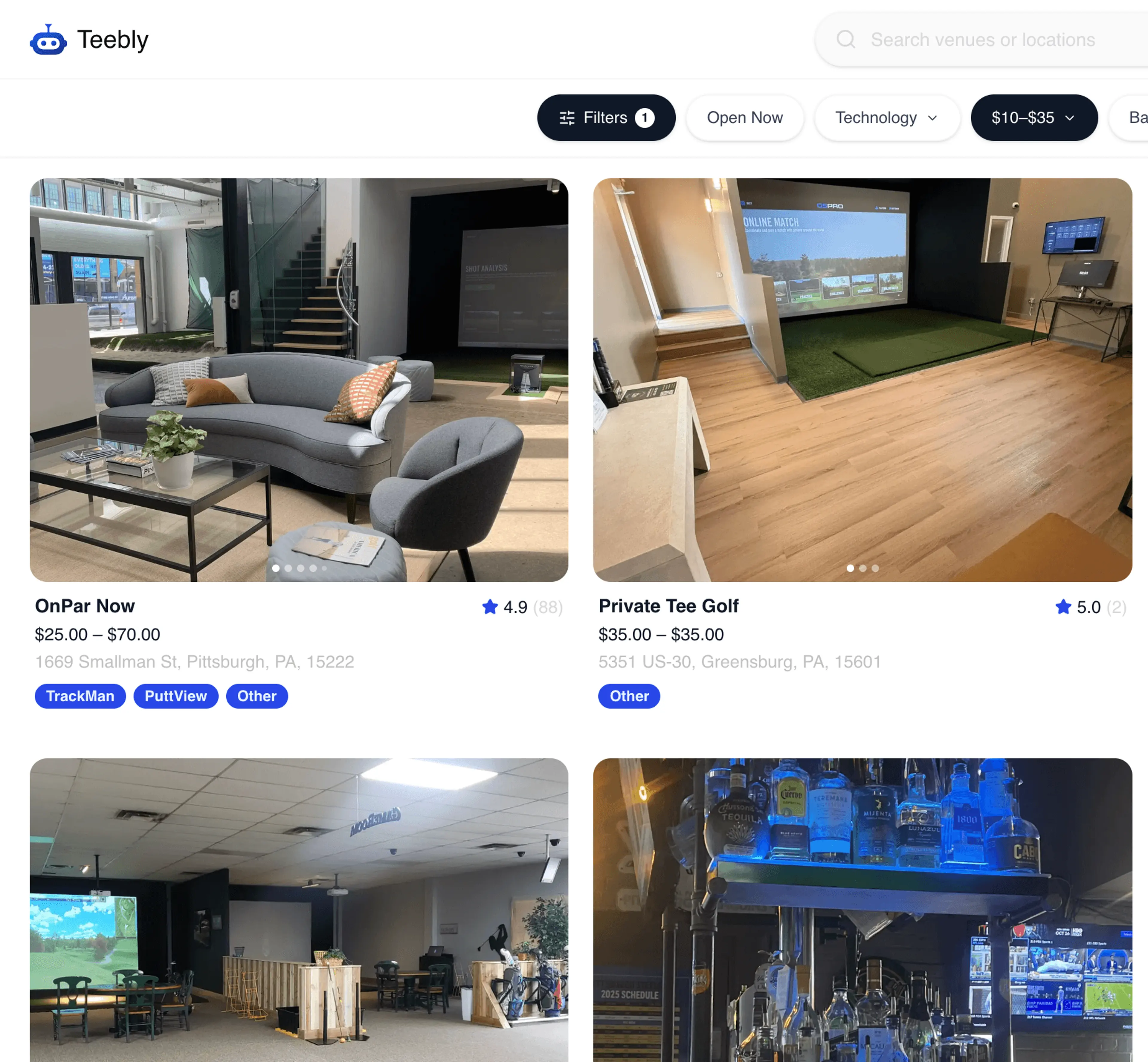 Indoor golf listings on Teebly.